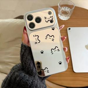 TEMU 휴대폰 케이스 - [Apple 17 Pro 케이스] 고양이용 손으로 그린 라인 휴대폰 케이스, Apple 17 Pro 미러 케이스로 즉시 전환, iPhone 17 16 15 14 13 12 11 Pro Max 모델과 호환, 미러 도금 메이크업 거울 케이스, 충격 방지 카메라 풀 보호