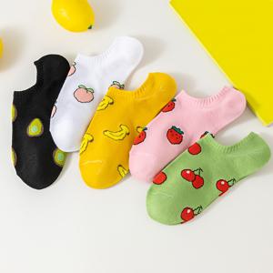 TEMU 여성용 노쇼 양말 5켤레 - 로우컷 얇은 통기성 좋은 봄 여름용, 흡습성 좋은 데일리웨어 및 캐주얼용, 귀여운 과일 패턴과 골지 트림, 로우컷 얕은 입구 발목 양말