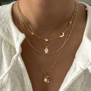 TEMU 1개 간편 다층 저주 눈 손바닥 별 달 디스크 펜던트 목걸이 여성 데이트 휴가 선물