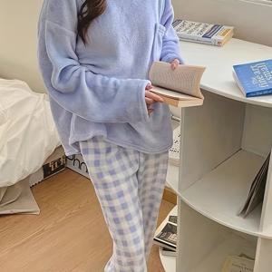 TEMU 청소년용 겨울 따뜻한 플리스 파자마 세트, 체크무늬 잠옷, 캐주얼 홈웨어