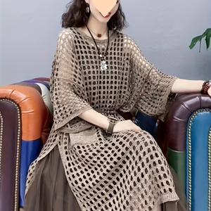TEMU 여성 그물 펀칭 니트 원피스 루즈핏 체형커버 레이어드 빈티지 사이드 트임 가오리핏 여름 바캉스룩 시스루 망사 롱티셔츠