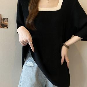 TEMU SunburstWonder 여성 빅사이즈 반팔 여름 스퀘어넥 반팔 티 여 패치워크 캐주얼 배색 하프 톱