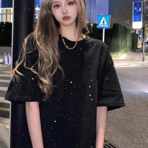 TEMU Y2K 스타일 캐주얼 루즈핏 블랙 별 무늬 스팽글 반팔 티셔츠 (여성용, 라운드넥)