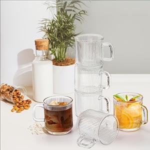 TEMU 4/6개입 - 고품질 손잡이 유리 커피 컵, 클래식 세로 투명 티컵, 뜨겁거나 차가운 음료에 적합, 미국 스타일 라떼, 카푸치노 유리 용품