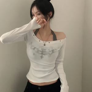 TEMU 스프링 신상 투피스 홀터넥 타이트핏 레트로 스타일 리벳 원단 칼라 오프숄더 탑, 특정 방향으로 걸어 다니세요