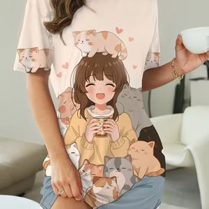 TEMU 카툰 스타일의 일본풍과 귀여운 고양이 프린트가 특징인 캐주얼 드레스입니다. 편안한 반팔 라운드넥 티셔츠 디자인이며, 별 장식이 돋보입니다. 모든 계절에 적합하며, 원단으로 제작되었으며, 세탁기 사용이 가능합니다.