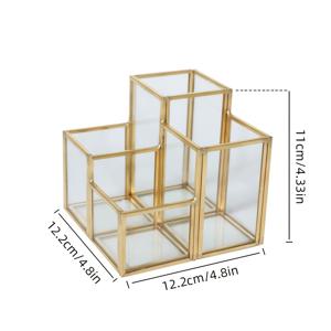 TEMU 메탈 유리 탁상용 메이크업 수납함 골든 4구 유리 메이크업 브러쉬 통 눈썹연필 아이섀도우 브러쉬 수납함, 메이크업 브러쉬, 눈썹펜, 립스틱에 적합|눈썹펜슬