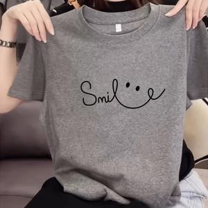TEMU 스프링 여름 간편 라운드넥 패션 루즈핏 올매치 캐주얼 반팔 티셔츠 여성 상의 프린트 편안함