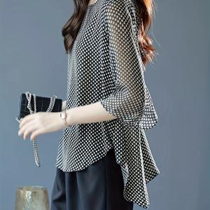 TEMU 여성 도트 쉬폰 블라우스 가오리핏 7부소매 프릴 루즈핏 체형커버 팔뚝커버 빅사이즈 오피스룩 하객룩 출근룩 페미닌 데일리 상의