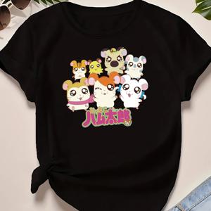 TEMU 여성 캐주얼 반팔 티셔츠, 햄스터 타로, 만화 스타일 프린트 반팔, 루즈 라운드넥, 세탁기 사용 가능, 봄 여름 상의