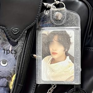 TEMU 3인치 반짝이는 별빛 하늘 PVC 포토 카드 홀더, 싱글 팩, K팝 아이돌 카드 슬리브, 만화 사진 보호 백, 학생 카드, 버스 카드 홀더, 문구류 및 키체인 배지 스탠드에 적합, 디스플레이 상자 포함 사진 카드 보호 슬리브