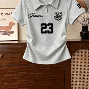 TEMU 여아용 폴로 셔츠, 숫자 23 프린트 여름 반팔 티셔츠, 봄 여름 데일리 외출용 허리 슬림핏 청소년 상의, 십대용