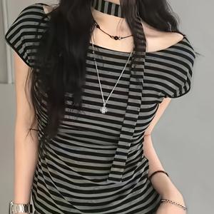 TEMU 니안니안 여름 캐주얼 오프숄더 반팔 탑, 리본 장식