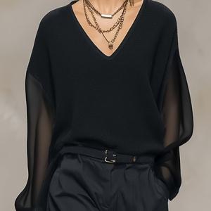 TEMU 여성 패션 스타일리시하고 우아한 캐주얼 - 고급스러운 블랙 V넥 탑, 시어 메쉬 소매 + 루즈핏, 매력적인 스타일, 봄 내/외복에 적합, 친화적인 성격의 출퇴근 상의 - 간편한 성격의 다용도 긴팔