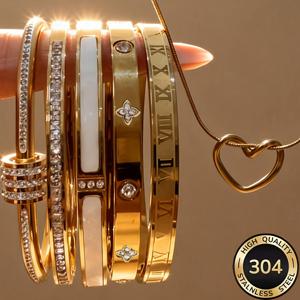 TEMU 18K 금도금 스택 가능 여성용 팔찌 및 목걸이 세트 | 로마 숫자와 하트 펜던트가 있는 304 스테인리스 스틸 방수 팔찌 - 및 섹시 스타일, 데일리 및 파티 착용에 이상적