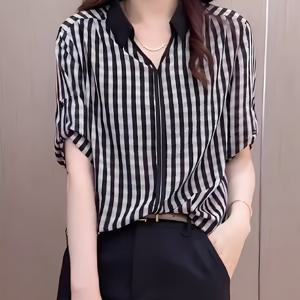 TEMU 새로운 여름 패션 컬러 블록 브이넥 반팔 셔츠 상의, 우아하고 성숙한 스타일, 통기성 좋은 쉬폰 블라우스