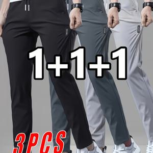 TEMU 남성용 아이스 실키 섬유 원단 속건성 캐주얼 팬츠 3개, 슬림핏 다용도, 봄/여름 데일리 출퇴근 스타일, 통기성 있는 스트레치 스트레이트핏 트렌디한 스포티한 슬림핏 조거 긴 바지