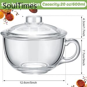 TEMU 뚜껑과 손잡이가 있는 수제 강화유리 볼 - 전자레인지 사용 가능 및 내열성 대형 원형 서빙 접시, 파스타, 오트밀, 디저트, 밥용 - 아침, 점심, 저녁 식사 및 모임에 이상적