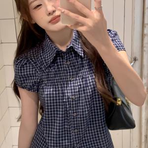TEMU 빈티지 블루 체크 패프 슬리브 셔츠 반팔 여성 여름 일본 스타일 슬림핏 크롭 웨이스트 디자인 블라우스 탑