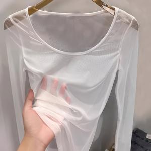 TEMU 스타일 화이트 시스루 긴팔 베이스 레이어 탑, 약간 시스루, 부드럽고 피부 친화적인 원단, 가볍고 통기성 좋음, 답답하지 않음