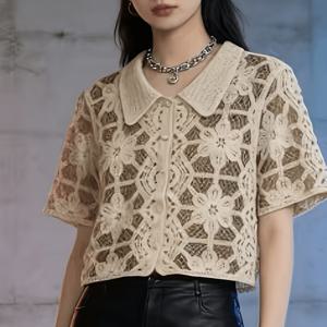 TEMU 여성용 오픈워크 크로셰 폴로 카라 가디건, 반팔, 루즈핏, 활용도 높은 상의