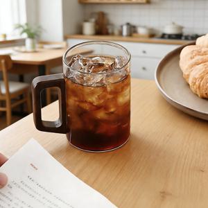 TEMU 머그컵 유리컵 2P 내열 투명 유리 우드 손잡이 커피 차 모두 어울리는 컵