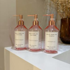 TEMU 투명 핑크색 대용량 삼각형 액체 디스펜서 병 3개 세트, 500ml/16oz PET 플라스틱 빈병, 홈 & 여행용, 샤워젤, 샴푸, 컨디셔너, 비누 디스펜서 보관에 적합, 방수 라벨 스티커 포함