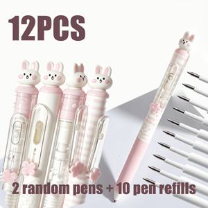 TEMU 클릭 젤펜 12개 세트, 0.5mm 검정색 부드러운 필기감 CS심, 행운의 토끼 스타일, 소프트 그립펜, 사무용 문구, 필기, 일기 작성, 귀여운 펜, 학용품용, 신학기 필기구, 명절 선물 (랜덤 펜 2개 + 리필심 10개)