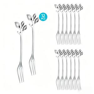 TEMU 12개 창의적인 디저트 포크, 잎 모양 손잡이, 내구성이 뛰어난 스테인리스 스틸 - 디저트 포크, 과일 포크, 혼합에 적합, 과일, 스낵, 케이크, 치즈, 샐러드 - 가족, 레스토랑, 파티, 결혼식, 선물, 파티 용품