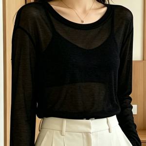 TEMU 여성용 세미 시어 블라우스 - 가벼운 시어 루즈핏 긴소매 티셔츠, 에어컨 방에 적합, 투명 탑, 사무실 및 레이어링용 봄 여름 가을 레이어링 아이템 (손세탁 가능)