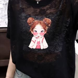 TEMU 여성용 레이스 프린트 라운드넥 반팔 티셔츠 & 시스루 & 루즈핏 활용도 높은 캐주얼 상의