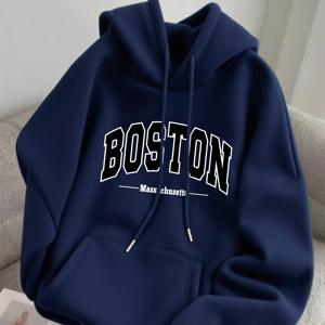 TEMU 남성용 플리스 후드 스웨트셔츠 BOSTON 가을/겨울 다용도 스포츠 캐주얼 편안한 후드 스웨트셔츠