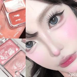 TEMU 1+1 블러셔 여성 밤 블러셔 촉촉 투톤 블러셔 물광 피부 연출 투톤 블러셔 여성 블러셔 광택 블러셔 핑크 블러셔