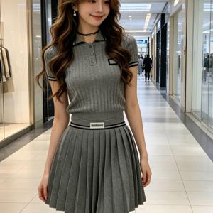 TEMU 한국 스타일 인스타 스타일 여성용 여름 2026 폴로 칼라 탑 플리츠 스커트 투피스 세트