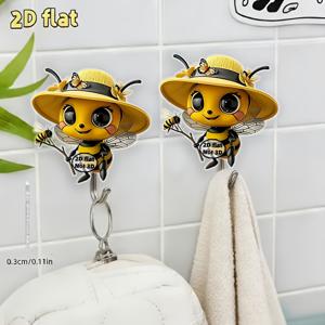 TEMU 2D 평면 아크릴 보조 후크 2개 세트, 재미있는 밀짚모자 쓴 만화 꿀벌 패턴 접착식 후크 장식, 주방, 욕실, 방 장식, 걸이형 수납, 장식용 벽 후크에 적합, 장식용으로 완벽, 2D 평면, 다용도 후크