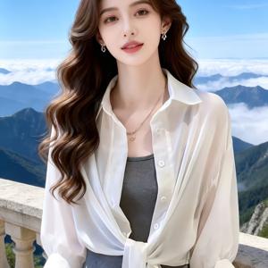 TEMU 여성 패션 랜턴 슬리브 셔츠, 트렌디한 신상 쉬폰 숏 아우터, 얇은 매듭 가디건, 숄, 여름 매칭 스커트, 서스펜더, 비치 재킷