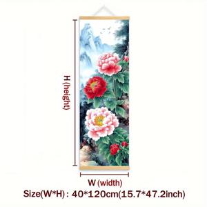 TEMU 2D 평면, 2D/FLAT-1개 모란 나무 그림, 붉고 분홍색 꽃잎, 산, 돌, 구름, 나는 새들, 거실 및 서재 장식, 꽃 모란 테마 장식화