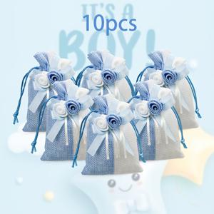 TEMU 10개 블루 플러스 화이트 및 핑크 플러스 화이트 두 가지 끈끈이 선물 가방, 핑크와 블루 장미 디자인 끈끈이 선물 가방, 결혼식 및 생일 파티, 베이비 샤워, 일상 생활용 끈끈이 선물 가방