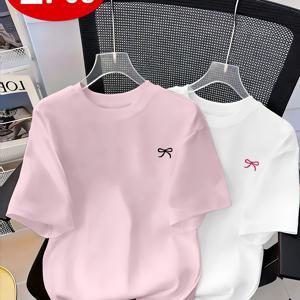 TEMU 봄/여름 신상품 패셔너블한 라운드넥 여성용 데일리 활용도 높은 편안한 반팔 티셔츠 리본 패턴 프린트 투팩