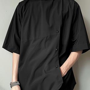 TEMU 남성용 이지 티셔츠 솔리드 스탠드 칼라 앞면 랩 스타일 옆면 버튼 데일리 아웃도어 올매치 경량 반팔 셔츠