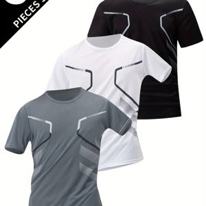 TEMU 3pcs 세트 여름 남성용 흡습성 나이트 런 스포츠 셔츠 쿨 퀵 드라이 티셔츠 기하학적 프린트 반팔 티셔츠 여름