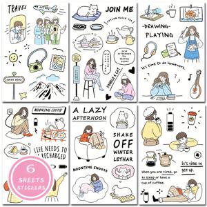 TEMU 아름다운 수채화 스타일의 만화 콜라주 캐릭터가 특징인 다이컷 필름 스티커 6장. 플래너, 노트북, 휴대폰 케이스 및 창의적인 장식에 완벽합니다.