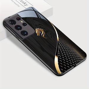 TEMU 삼성 갤럭시 S21 울트라 5G 폰 케이스, 황금용머리와 검은 나무결 강화유리 케이스 충격방지 백커버