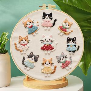 TEMU 자수 키트 1개, 20x20cm/7.9x7.9인치, 귀여운 아기 고양이, 성인 및 초보자용 수제 DIY 자수 키트, 사용 설명서, 프린트 천, 자수대, 바늘과 실 포함, 가족과 친구를 위한 크리스마스 선물