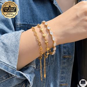 TEMU 3개 24K 골드 도금 여성용 팔찌 세트(액세서리 청소용 천 1개 포함), 사계절 및 데일리웨어용으로 적합한 우아하고 고급스러운 여성 주얼리 세트. 발렌타인데이, 웨딩 시즌, 부활절, 어머니의 날 선물용으로 완벽