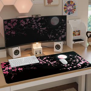 TEMU 달빛 디자인의 귀여운 핑크 매화꽃 게이밍 마우스 패드 및 키보드 매트 1개, PC 컴퓨터용. 내구성 있는 미끄럼 방지 베이스와 고화질 프린팅이 특징인 노트북 책상 매트