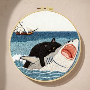 TEMU 자수 키트, 20x20cm/7.9x7.9인치, 상어를 사냥하는 고양이, 수제 DIY 자수 키트, 성인 초보자용, 자수 천, 설명서, 자수틀, 바늘과 실 포함, 친구나 가족을 위한 축제 선물용으로 이상적, 가정 또는 사무실용 수공예품