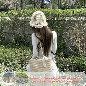 TEMU 코바늘 뜨개질 여름 캐주얼 모자, 통기성 좋은 경량 비치 모자, 속이 빈 버킷 모자, 랜덤 레이스 및 프린트 패턴의 레이스 브림, 접이식 귀여운 모자, 수영장, 정원 가꾸기, 해변, 결혼식, 사진 촬영 등 야외 활동에 적합