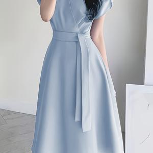 TEMU 여성 벨트 원피스, 단색 루즈핏 우아한 퍼프 소매 V넥 타이 허리 A라인 미디 드레스 - 가볍고 통기성 좋은 여름 출퇴근 및 파티 원피스, 결혼식 손님, 파티 또는 여름 의상, 캐주얼 출퇴근에 적합