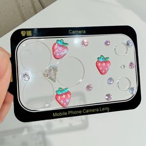 TEMU 아이폰 17 Pro Max 및 17 Pro용 우아한 스파클링 허니 피치 딸기 하트 모양 라인스톤 투명 카메라 렌즈 필름, 최신 렌즈 보호를 제공하는 디자인